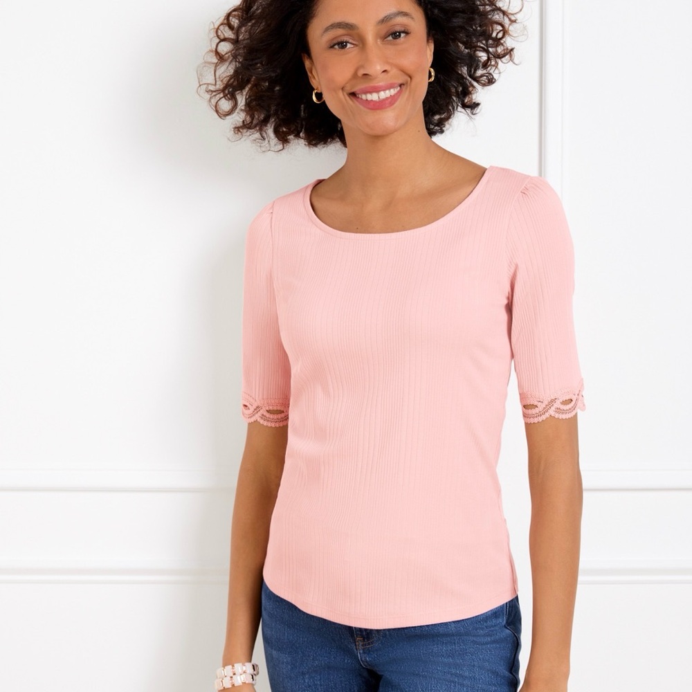 Talbots Pink Scoop-Neck Short Sleeve Top with Lace Trim P